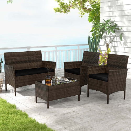 Costway 4 PCS Patio Furniture Set with Washable Cushions and Tempered Glass Coffee Table