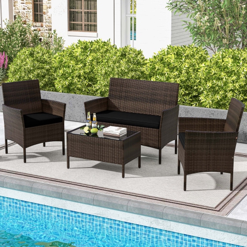 Costway 4 PCS Patio Furniture Set with Washable Cushions and Tempered Glass Coffee Table