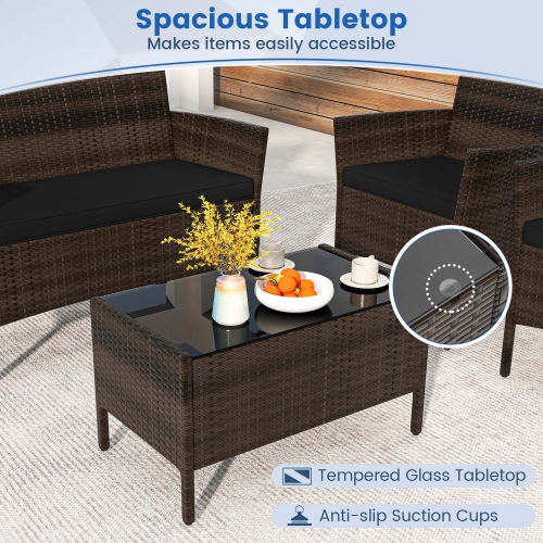 Costway 4 PCS Patio Furniture Set with Washable Cushions and Tempered Glass Coffee Table