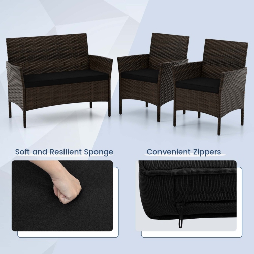 Costway 4 PCS Patio Furniture Set with Washable Cushions and Tempered Glass Coffee Table