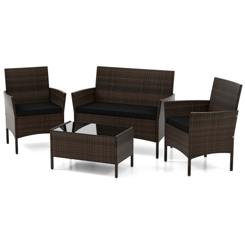 Costway 4 PCS Patio Furniture Set with Washable Cushions and Tempered Glass Coffee Table