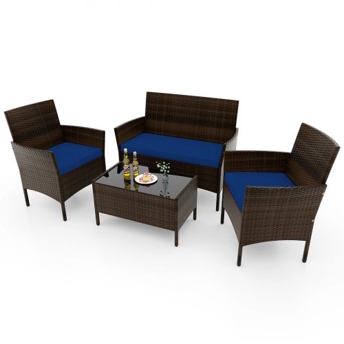 Costway 4 PCS Patio Furniture Set with Washable Cushions and Tempered Glass Coffee Table