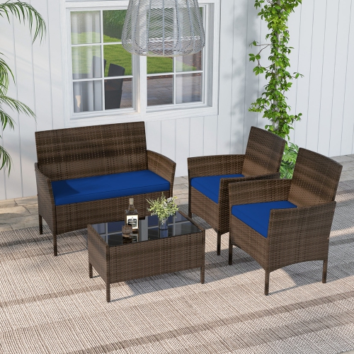 Costway 4 PCS Patio Furniture Set with Washable Cushions and Tempered Glass Coffee Table