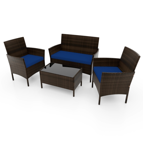 Costway 4 PCS Patio Furniture Set with Washable Cushions and Tempered Glass Coffee Table