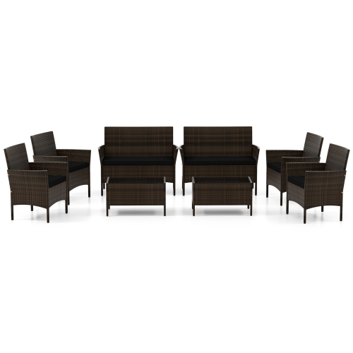 Ensemble de meubles de patio 8 pièces de Costway avec coussins lavables et table basse en verre trempé