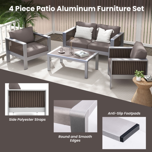 Ensemble de meubles de patio en aluminium 4 pièces de Costway avec coussins épais et surface en verre trempé