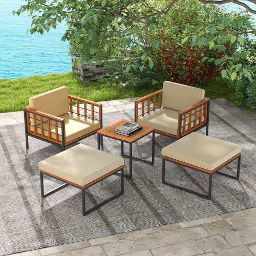 Costway 5 PCS Acacia Wood Patio Furniture Set with Ottomans Soft Cushions & Coffee Table