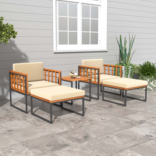 Costway 5 PCS Acacia Wood Patio Furniture Set with Ottomans Soft Cushions & Coffee Table
