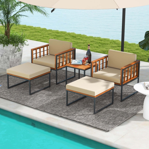 Costway 5 PCS Acacia Wood Patio Furniture Set with Ottomans Soft Cushions & Coffee Table