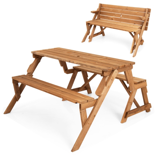 COSTWAY  2-In-1 Transforming Interchangeable Wooden Picnic Table Bench W/umbrella Hole