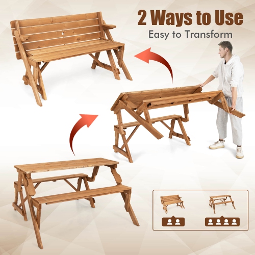 Costway 2-in-1 Transforming Interchangeable Wooden Picnic Table Bench w/Umbrella Hole