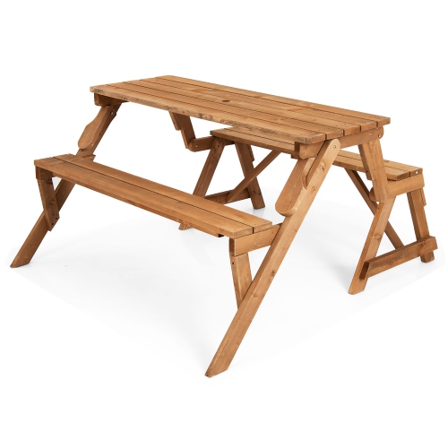 Costway 2-in-1 Transforming Interchangeable Wooden Picnic Table Bench w/Umbrella Hole