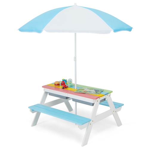 COSTWAY  3-In-1 Kids Picnic Table Wooden Outdoor Sand & Water Table Withumbrella Play Boxes