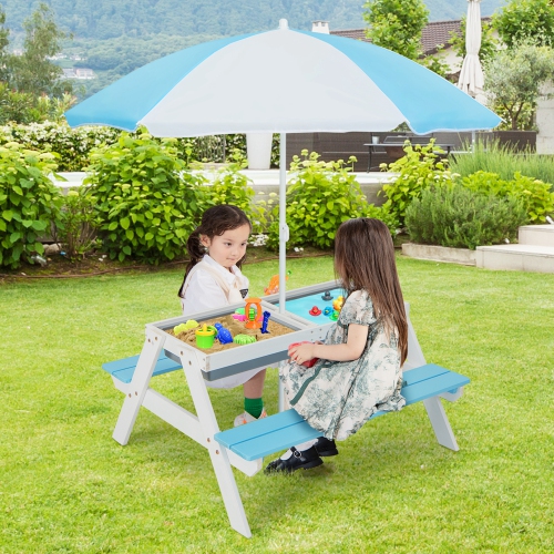 Table de pique-nique en bois 3-en-1 pour enfants avec table à sable et eau d'extérieur de Costway avec boîtes de jeu Umbrella