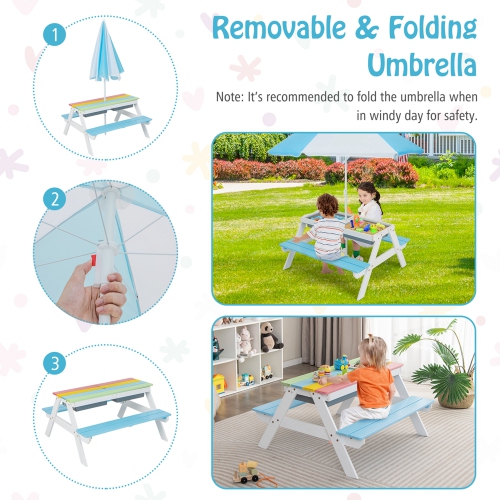 Table de pique-nique en bois 3-en-1 pour enfants avec table à sable et eau d'extérieur de Costway avec boîtes de jeu Umbrella