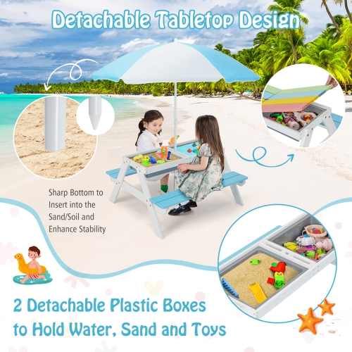 Table de pique-nique en bois 3-en-1 pour enfants avec table à sable et eau d'extérieur de Costway avec boîtes de jeu Umbrella