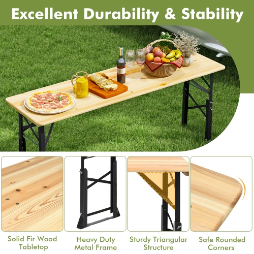 Costway 5.5 Ft Outdoor Folding Wood Picnic Table Height Adjustable Metal Frame
