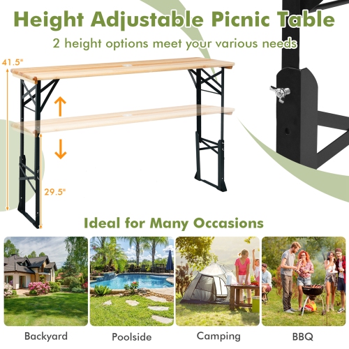Costway 5.5 Ft Outdoor Folding Wood Picnic Table Height Adjustable Metal Frame