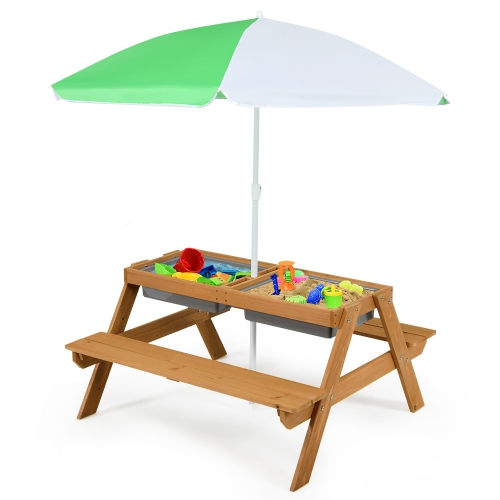 COSTWAY Babyjoy 3-In-1 Kids Picnic Table Outdoor Water Sand Table W/ Umbrella Play Boxes