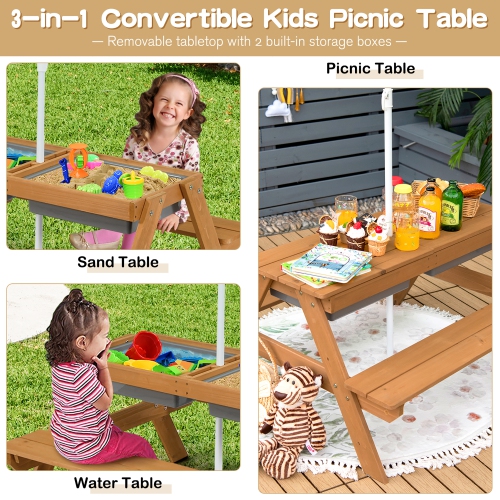 Table de pique-nique d'extérieur 3-en-1 pour enfants de Babyjoy avec boîtes de jeu de parasol