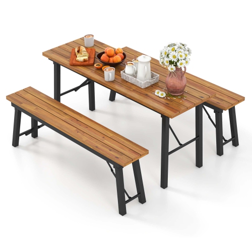 Costway Folding Picnic Table & Bench Set Dining Table with Metal Frame for 4 or 6 Persons