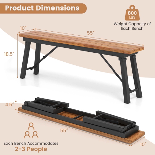 Costway Folding Picnic Table & Bench Set Dining Table with Metal Frame for 4 or 6 Persons