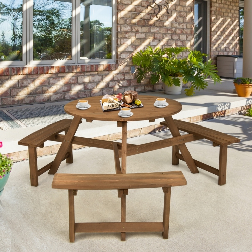 Costway 6-person Round Wooden Picnic Table Outdoor Table w/ Umbrella Hole & Benches
