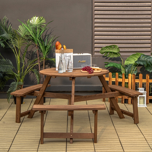 Costway 6-person Round Wooden Picnic Table Outdoor Table w/ Umbrella Hole & Benches