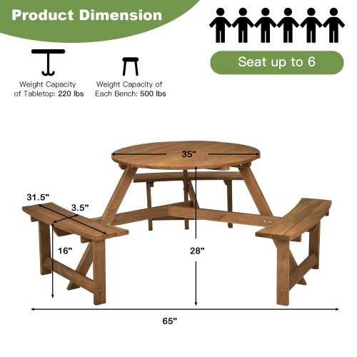Costway 6-person Round Wooden Picnic Table Outdoor Table w/ Umbrella Hole & Benches