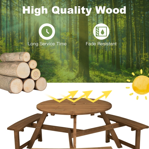 Costway 6-person Round Wooden Picnic Table Outdoor Table w/ Umbrella Hole & Benches