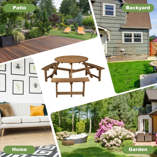 Costway 6-person Round Wooden Picnic Table Outdoor Table w/ Umbrella Hole & Benches