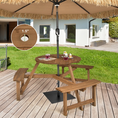 Costway 6-person Round Wooden Picnic Table Outdoor Table w/ Umbrella Hole & Benches