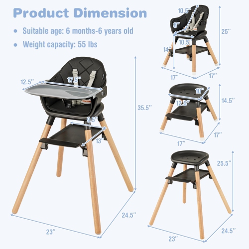 Costway 6-in-1 Convertible Wooden Baby Highchair Infant Feeding Chair with Removable Tray