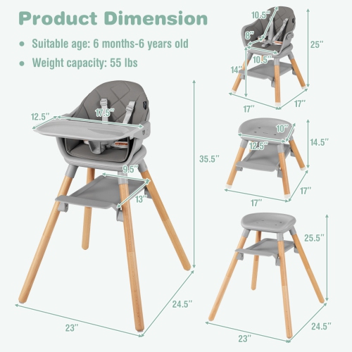 Costway 6-in-1 Convertible Wooden Baby Highchair Infant Feeding Chair with Removable Tray
