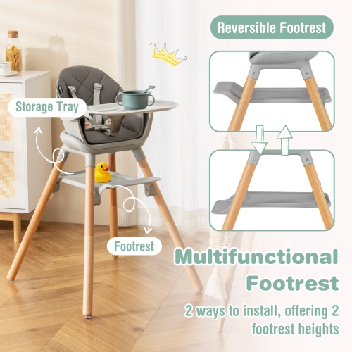 Costway 6-in-1 Convertible Wooden Baby Highchair Infant Feeding Chair with Removable Tray
