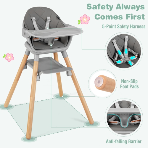 Costway 6-in-1 Convertible Wooden Baby Highchair Infant Feeding Chair with Removable Tray