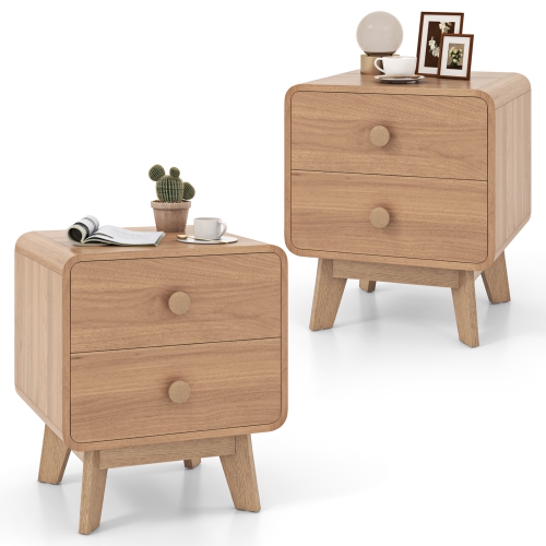 COSTWAY  1/2 PCs Modern Style 2-Drawer Nightstand Bedside Table With Solid Rubber Wood Legs In Brown