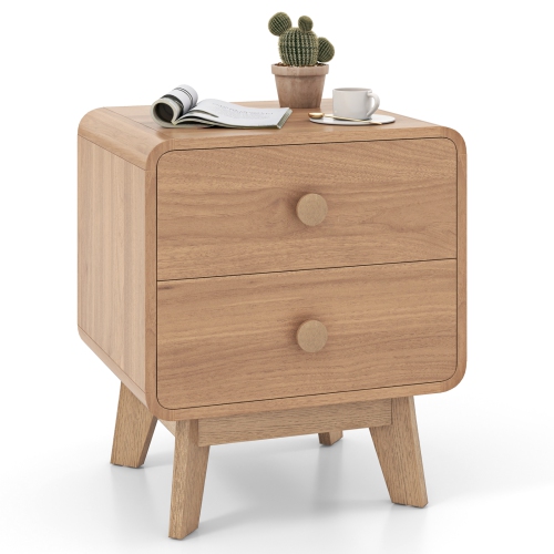 COSTWAY  1/2 PCs Modern Style 2-Drawer Nightstand Bedside Table With Solid Rubber Wood Legs In Brown