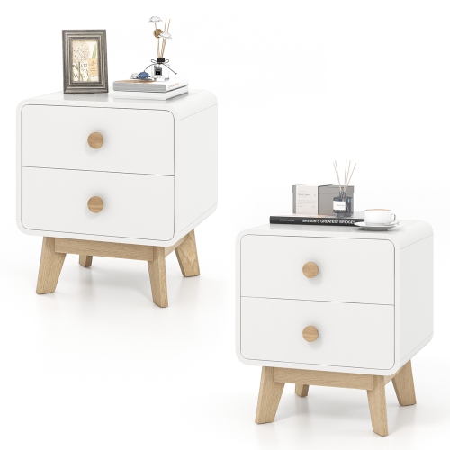 COSTWAY  1/2 PCs Nightstand Mid Century Modern Bedside Table With 2 Drawers Solid Rubber Wood Legs In White