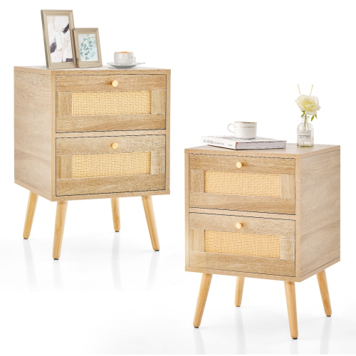 COSTWAY  1/2 PCs Rattan Nightstand Boho Accent Bedside Table With 2 Storage Drawers Natural