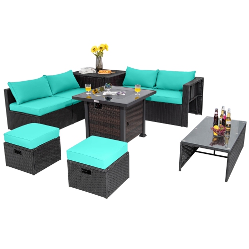 GYMAX  9PCs Furniture Set W/ 32" Fire Pit Table 50, 000 Btu Square Propane Fire Pit Patio In Turquoise
