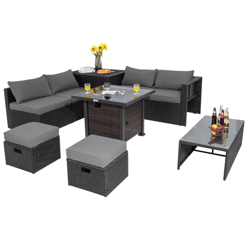 GYMAX  9PCs Furniture Set W/ 32" Fire Pit Table 50, 000 Btu Square Propane Fire Pit Patio In Gray
