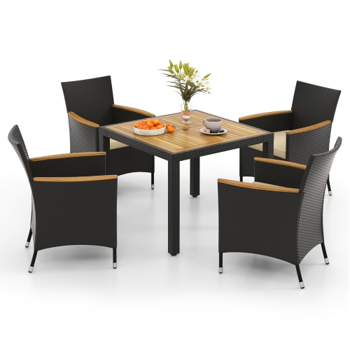 Gymax 5PCS Dining Table Set for 4 Rattan Conversation Set w/ Umbrella Hole Patio