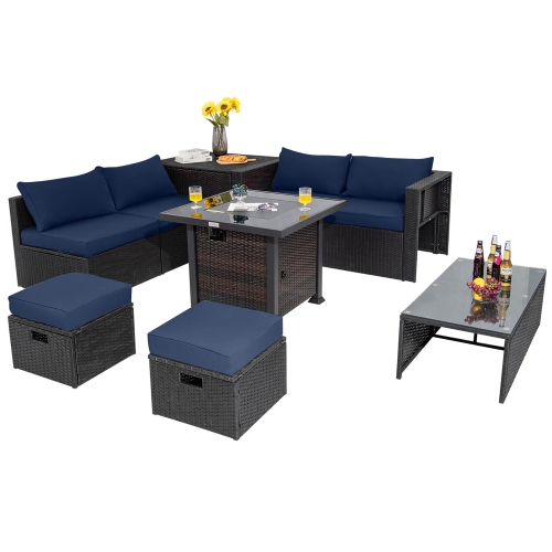 Gymax 9PCS Furniture Set w/ 32'' Fire Pit Table 50,000 BTU Square Propane Fire Pit Patio Navy