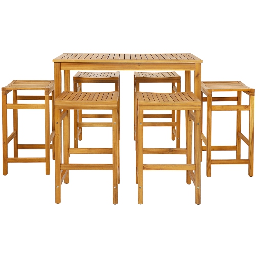 Gymax 7PCS Acacia Wood Bar Table Set 45'' Rectangular Dining Table & 6 Stools