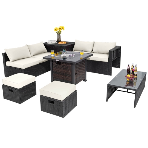 GYMAX  9PCs Furniture Set W/ 32" Fire Pit Table 50, 000 Btu Square Propane Fire Pit Patio In White