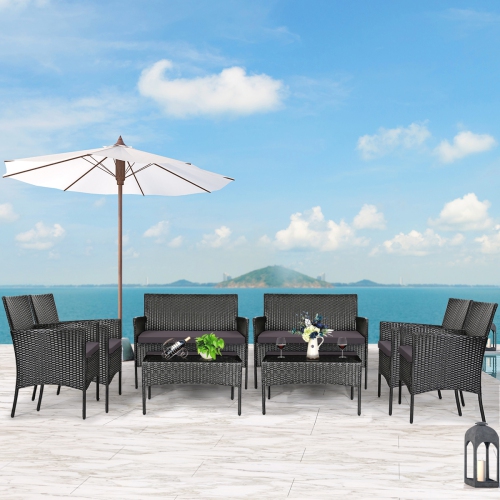 Gymax 8PCS Rattan Furniture Set Cushioned Sofa Coffee Table Backyard Porch Patio Grey