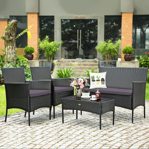 Gymax 8PCS Rattan Furniture Set Cushioned Sofa Coffee Table Backyard Porch Patio Grey