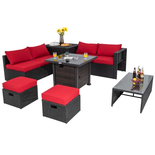 GYMAX  9PCs Furniture Set W/ 32" Fire Pit Table 50, 000 Btu Square Propane Fire Pit Patio In Red