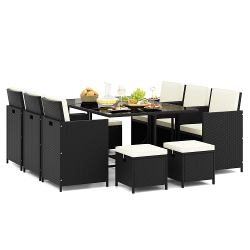 GYMAX  11PCs Dining Set Space-Saving Wicker Chairs & Tempered Glass Table Patio
